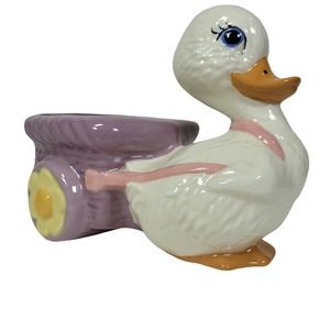 Vintage Hand Painted Ceramic Duck Cart Wagon Flower Planter Spring Easter Candy